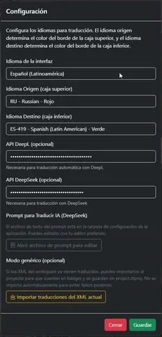 ZoneTraductor: la pantalla de configuración, con los idiomas