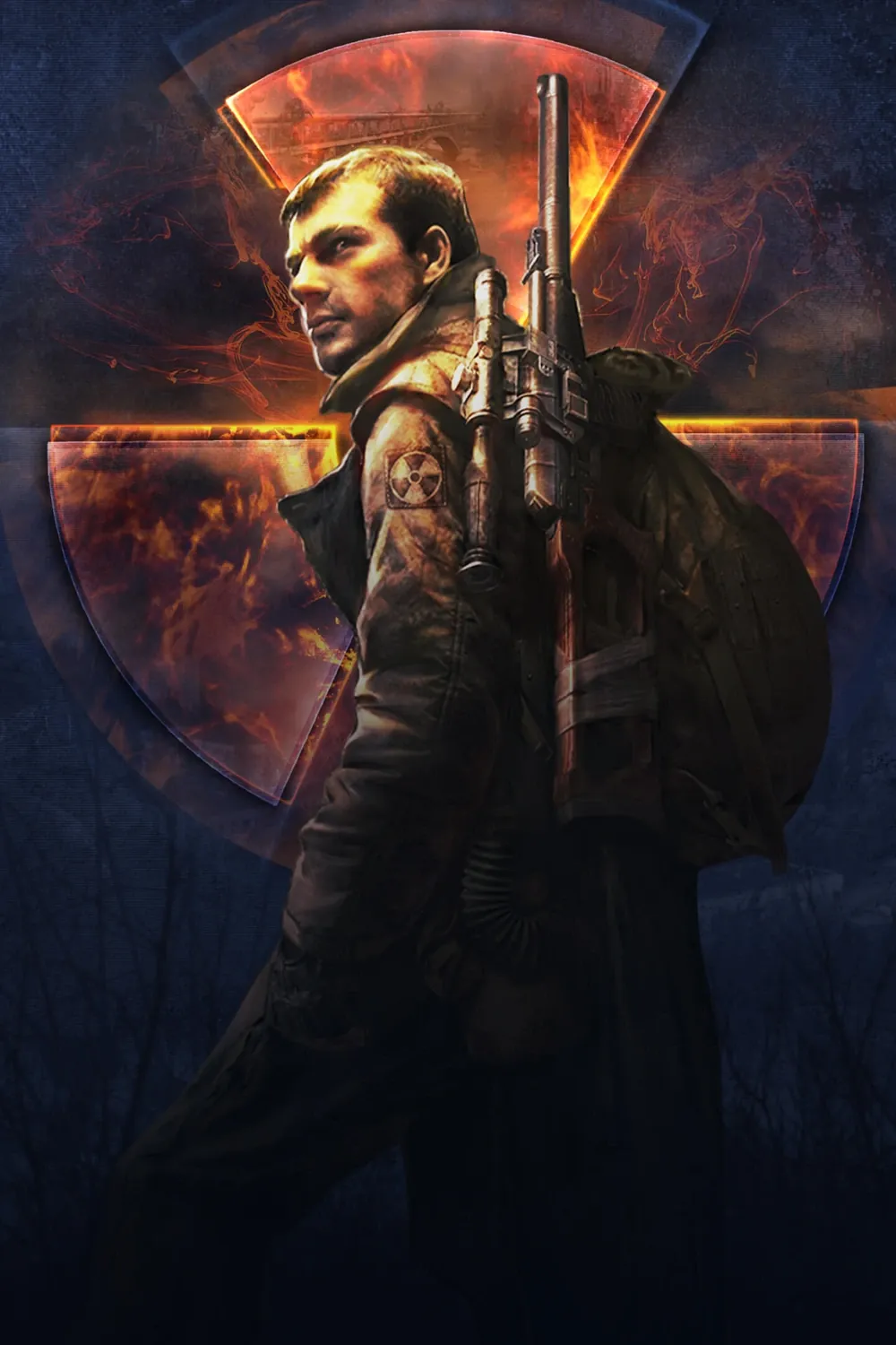Arte oficial de Call of Prypiat: un stalker de perfil con un rifle a la espalda frente al símbolo de radiación