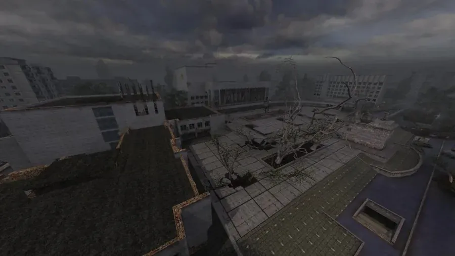 Vista de la ciudad de Pripyat dentro del juego, con bloques de viviendas.