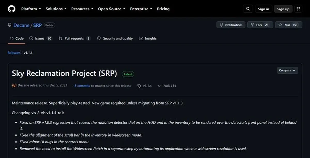 Captura de la página de la publicación v1.1.4 del proyecto en GitHub.